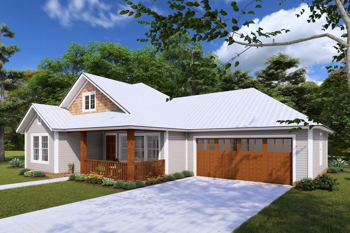 House plan exterior: single-story Modern Farmhouse with a gabled dormer, covered front porch, and a two-car garage.