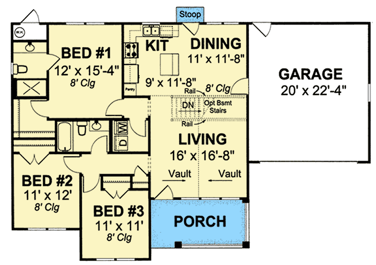 Plan 40519WM: Charming 3-Bed Southern Cottage with Attached Garage - 1286 Sq Ft - Floor Plan - Main Level - Cottage, Country, Southern, Traditional