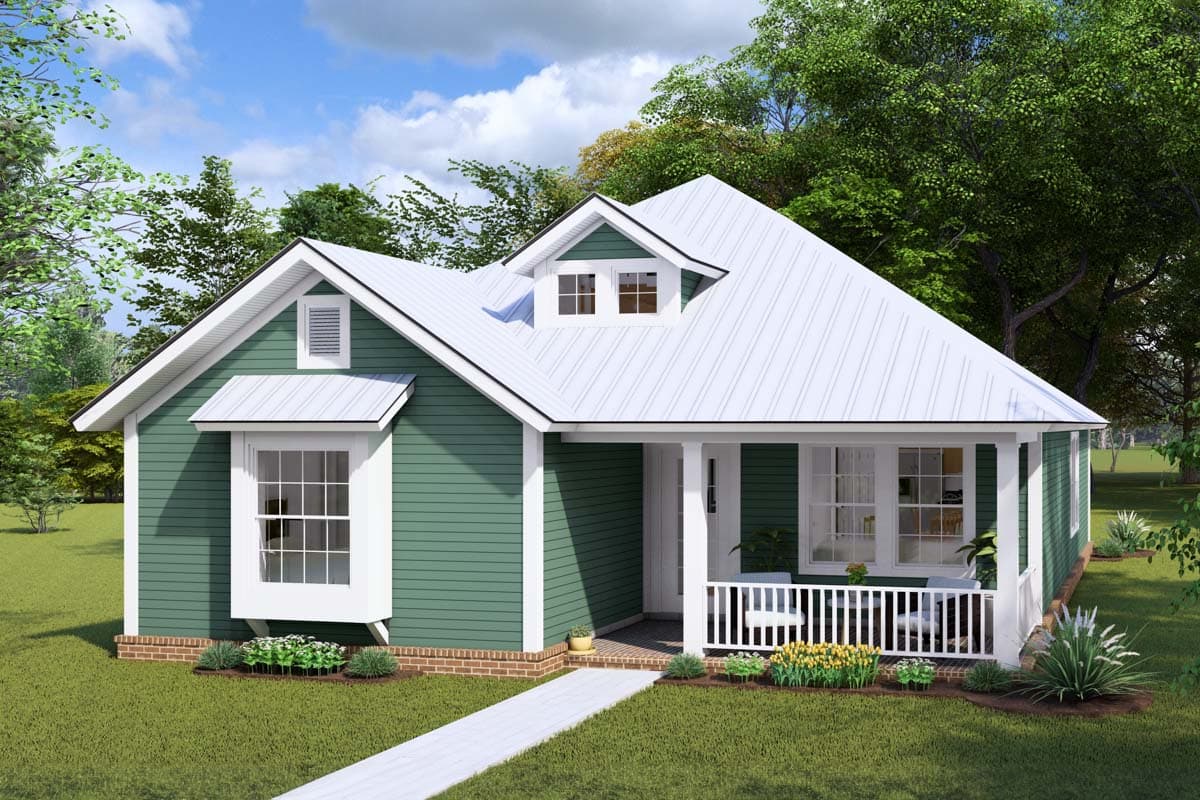 House plan exterior: single-story Modern Farmhouse with metal roof, dormer, bay window, and covered porch.