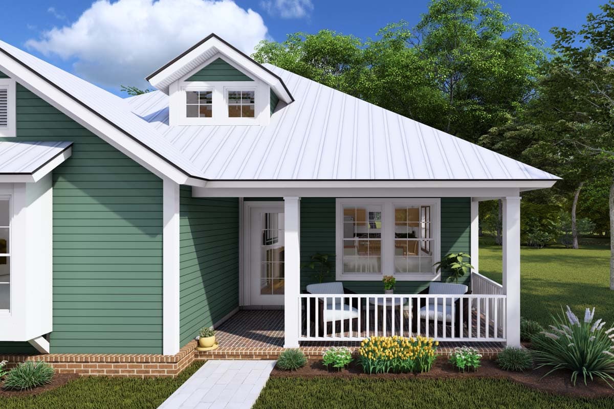 House plan exterior: Ranch style with green siding, white porch, metal roof, and dormer window.