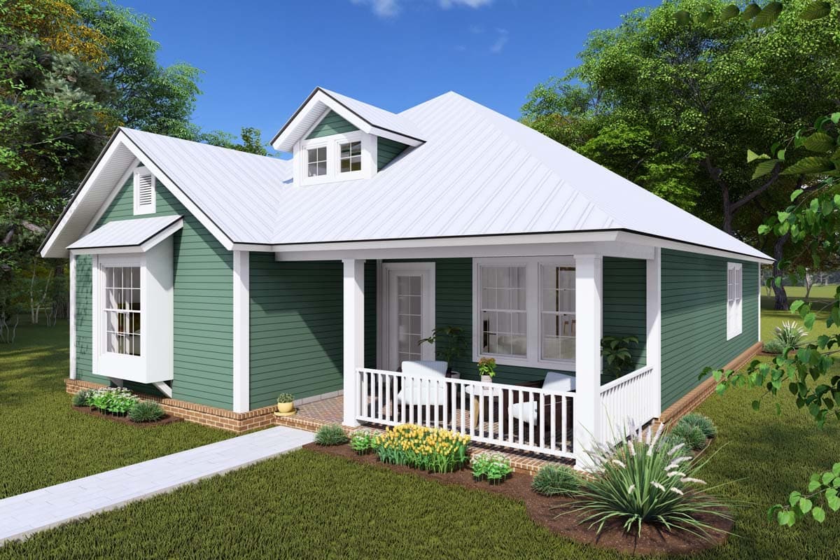 House plan exterior of a one-story Modern Farmhouse with a gabled dormer, bay window, and covered front porch.