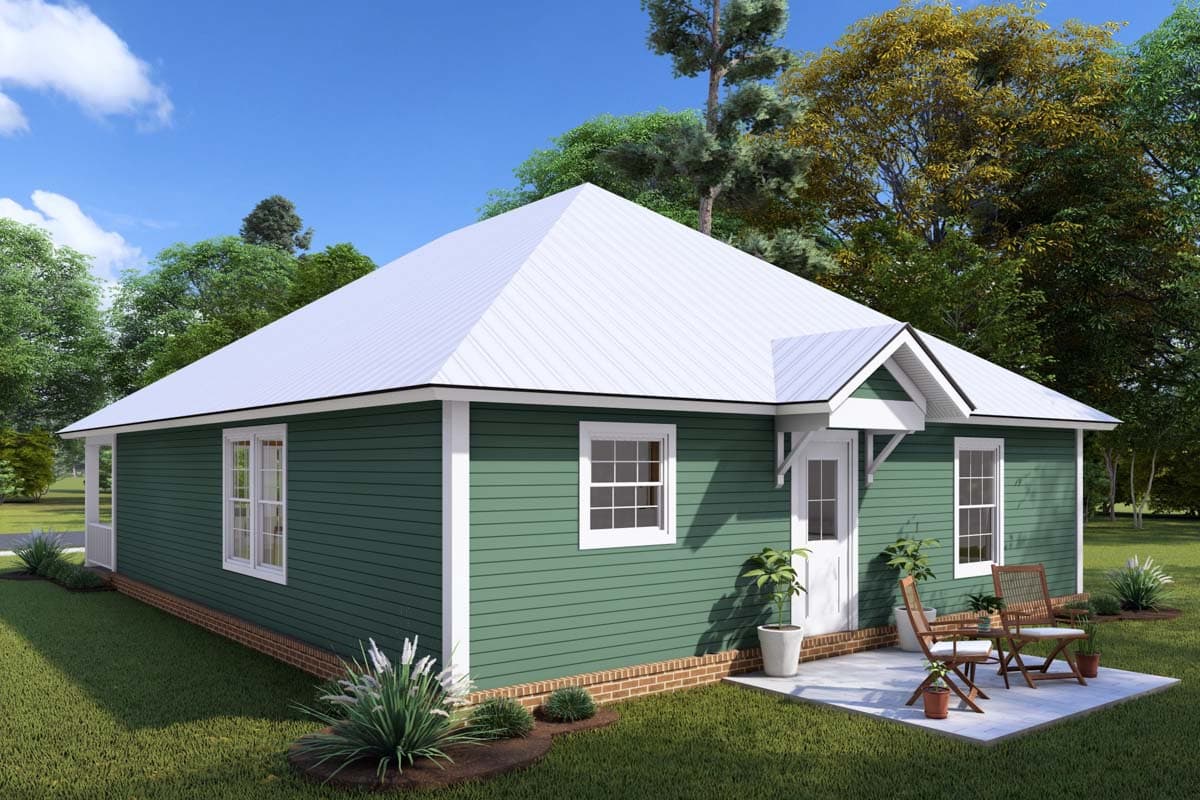 House plan exterior: One-story ranch with a white metal hip roof, green horizontal siding, and a small front porch with an awning over the door.