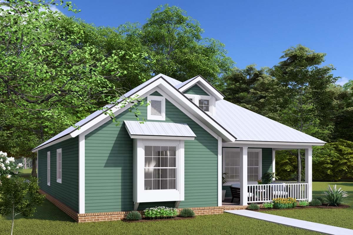 House plan exterior: One-story cottage with a porch, gables, and a bay window.