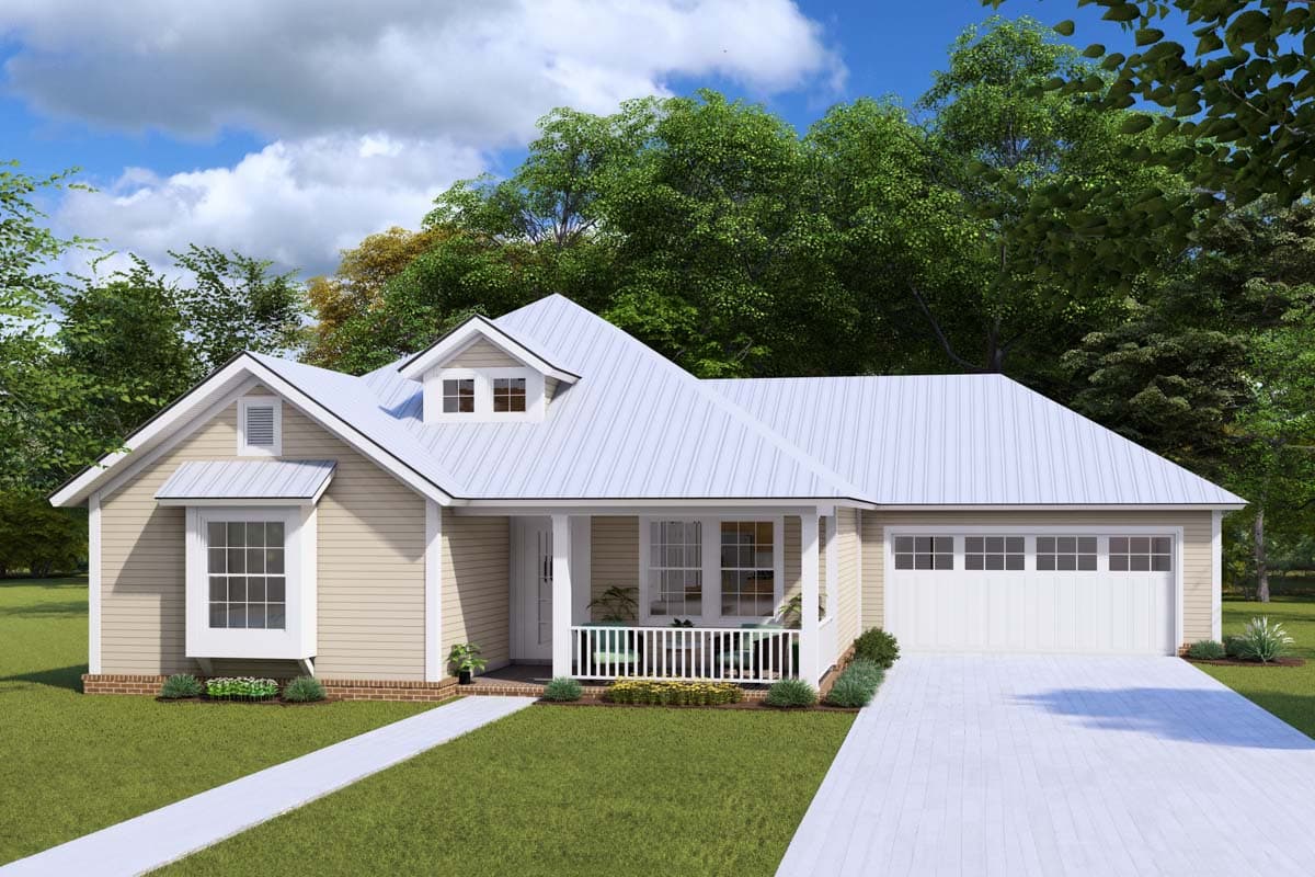 House plan exterior: single-story home with gabled dormers, covered front porch, and attached garage.