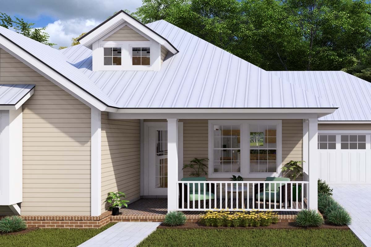 House plan exterior: One-story Modern Farmhouse with metal roof, front porch with white railings, and attached garage.