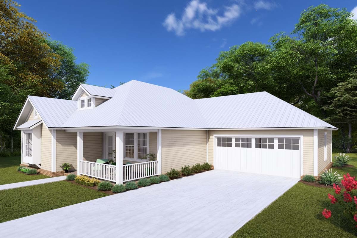 House plan exterior: Ranch style, one story, with a front porch, dormer windows, and a two-car garage.