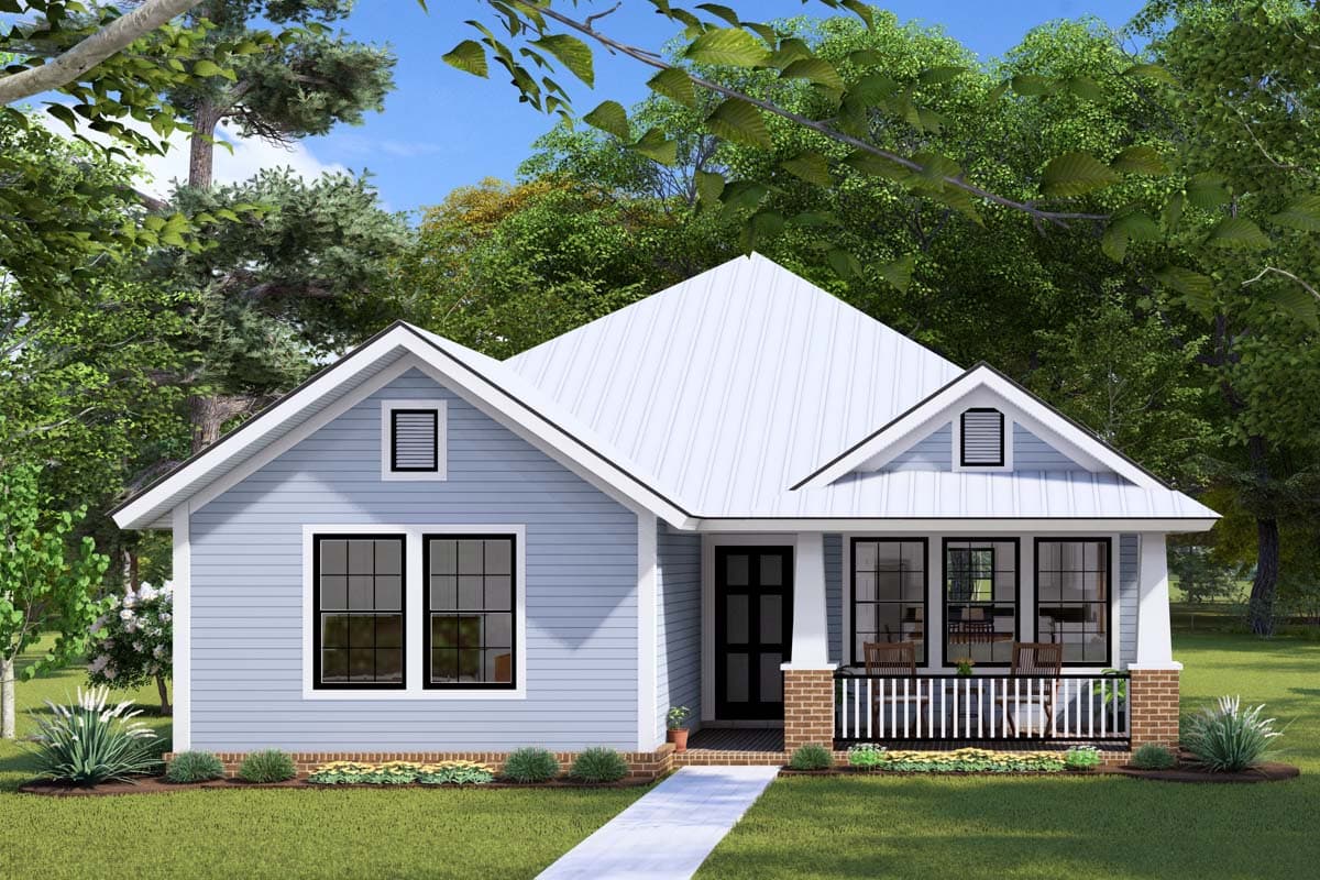 House plan exterior: one-story Modern Farmhouse with a gabled metal roof, front porch, and double-hung windows.