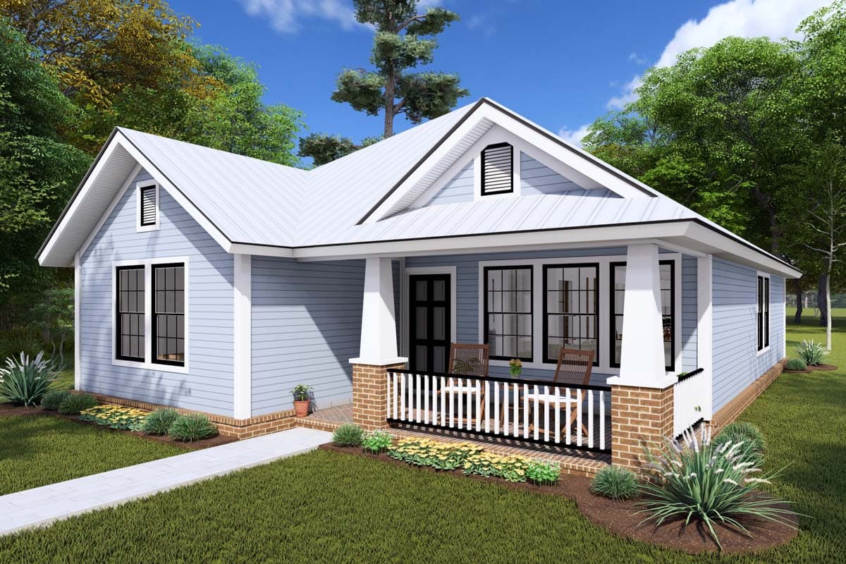 House plan exterior: light blue siding, white metal roof, gabled dormer, wraparound porch with white railing, brick accents.