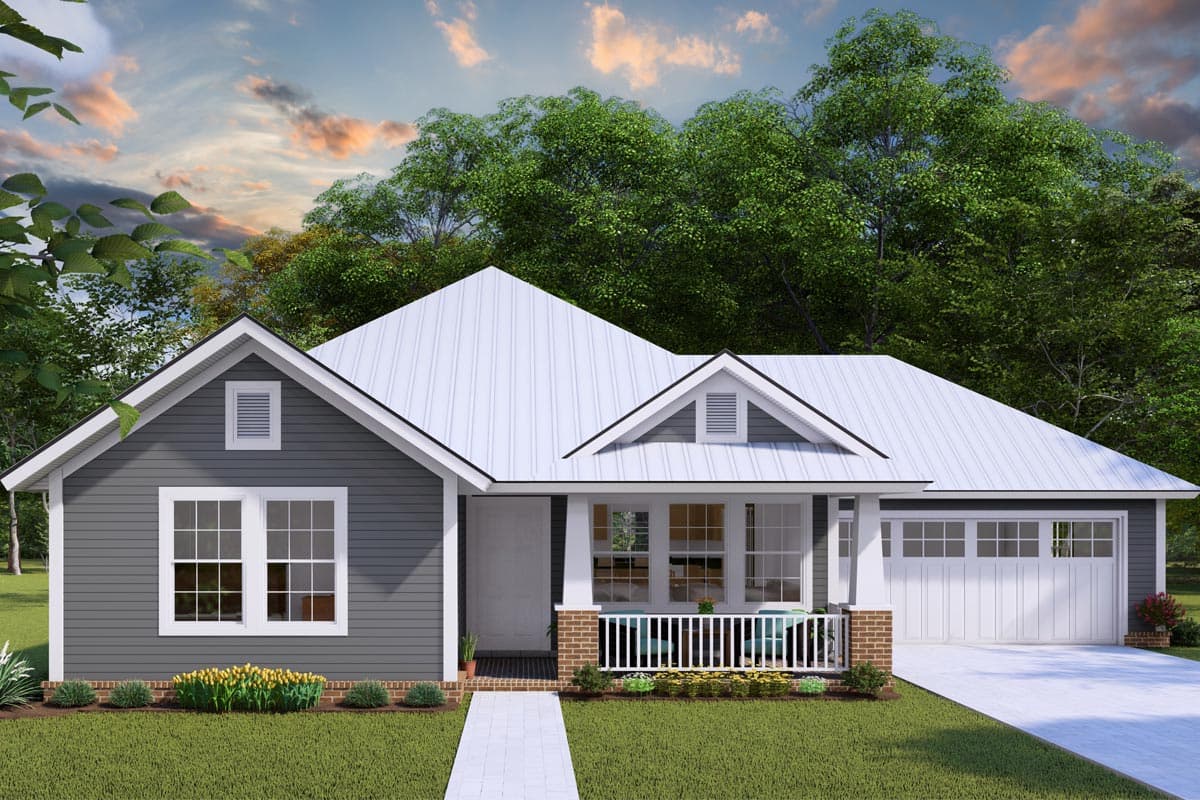 House plan exterior with Craftsman style, one story, gable roof, front porch, and attached garage. Includes dormers.
