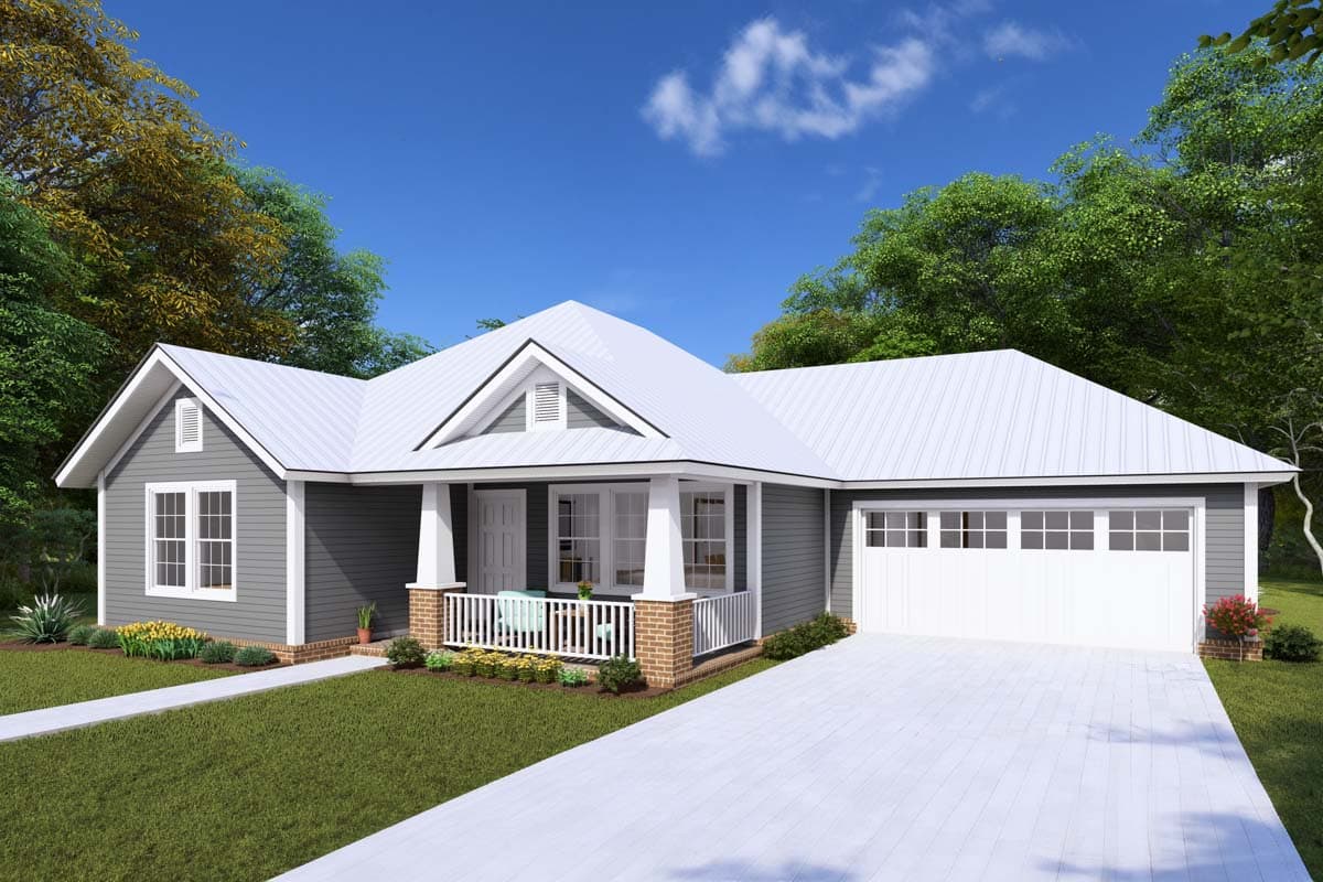 House plan exterior: Ranch style, one story, with a covered front porch, gables, and an attached two-car garage.