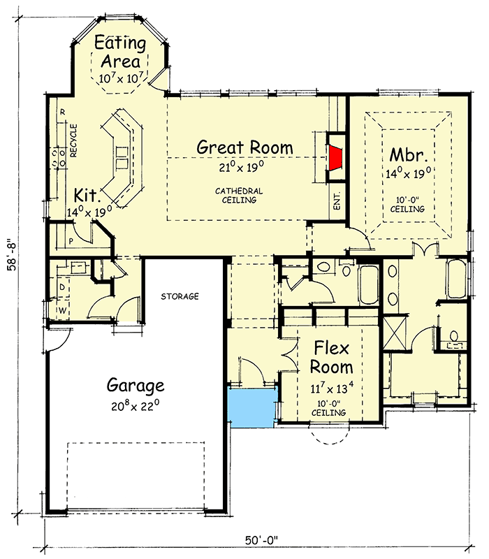 Plan 40538DB: Traditional Ranch House Plan with 1692 Square Feet and Flex Room - Floor Plan - Main Level - Ranch, Southern, Traditional