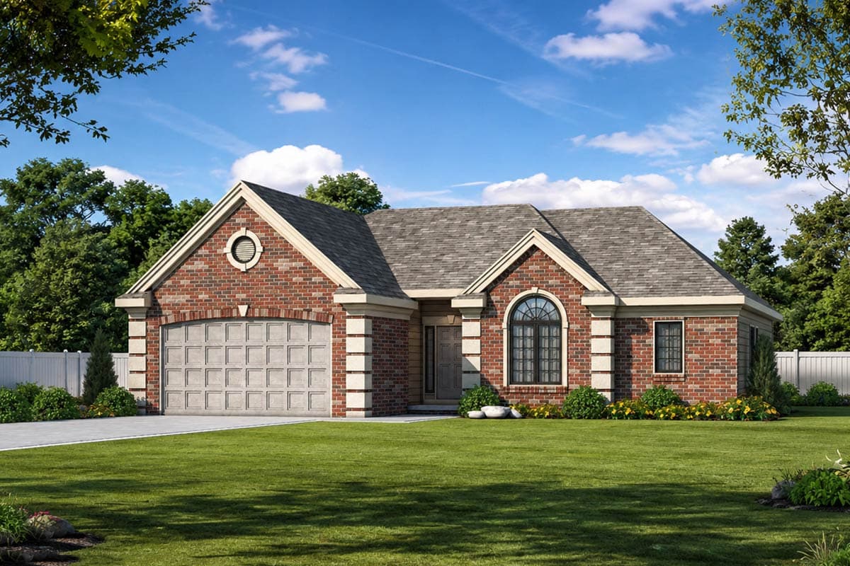 House plan exterior: single-story brick home with attached garage, arched window, and gabled dormer.
