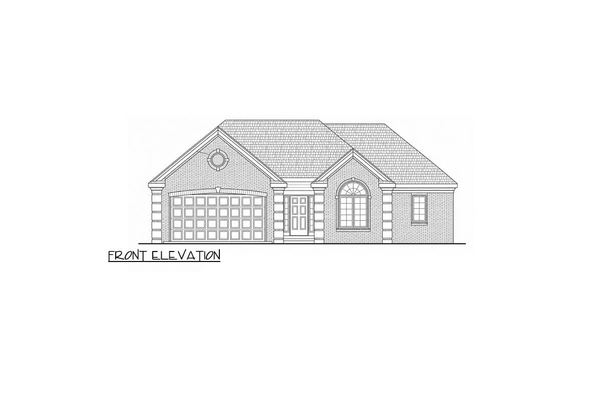 Architectural drawing showing the right elevation. Features brick base, siding, and gabled roof with shingles and ridge vent.