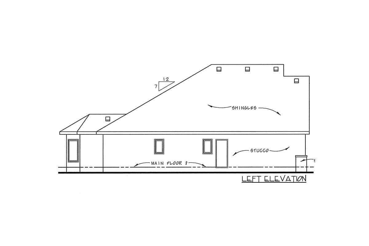 House plan, left elevation drawing showing stucco exterior, shingles roof, and main floor windows and door.