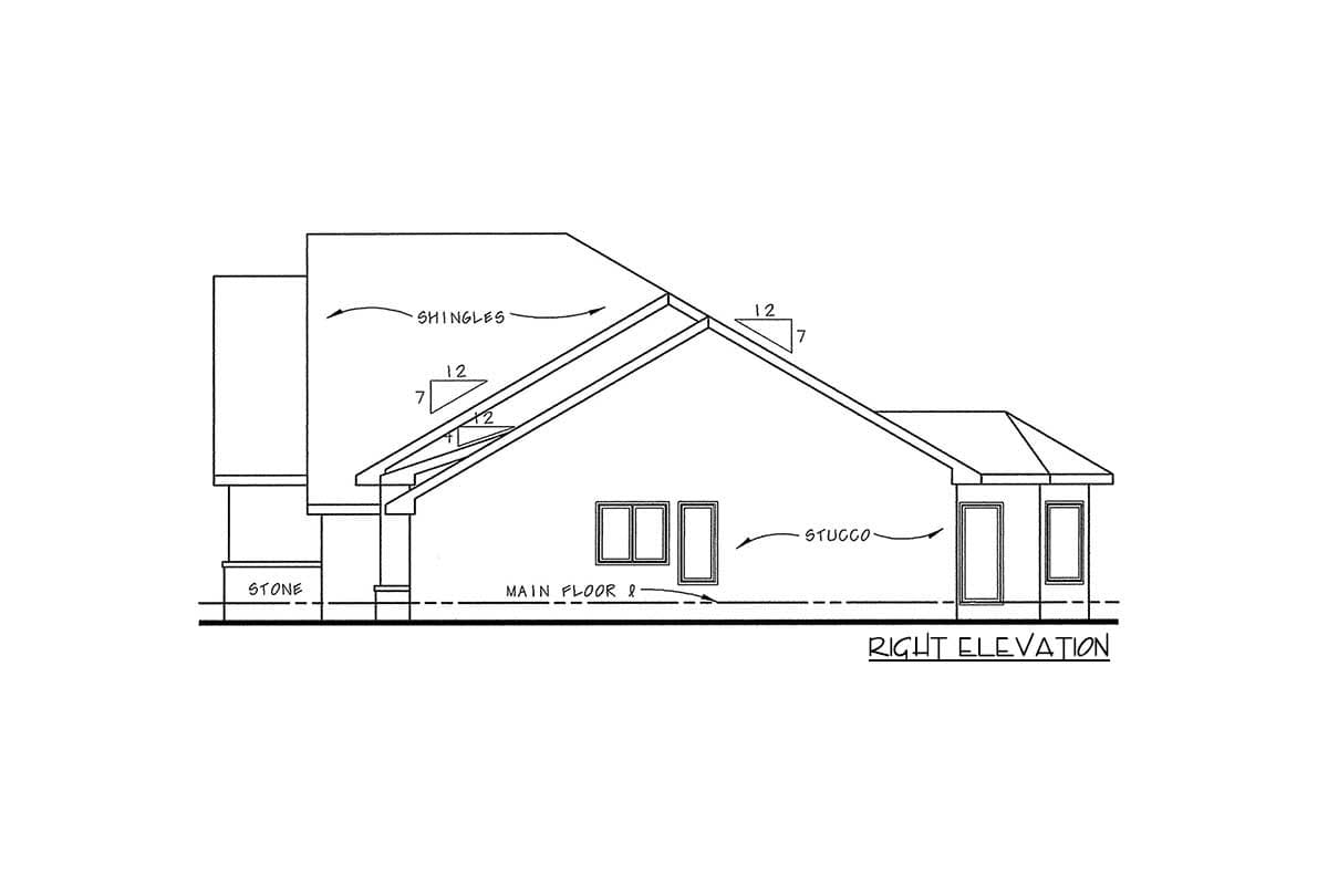 Right elevation drawing showing shingled roof, stucco walls, stone base, and various windows.