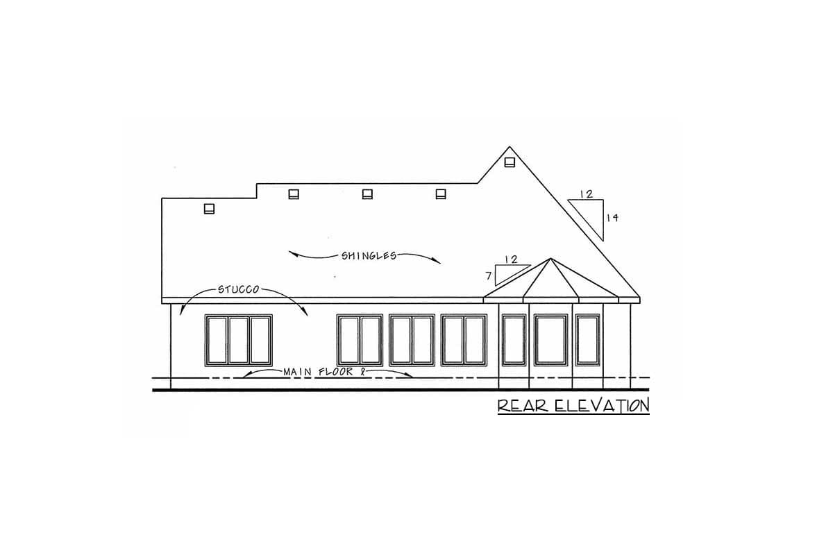 Rear elevation drawing of house plan showing stucco siding, various window styles, rooflines, and gable dormers.