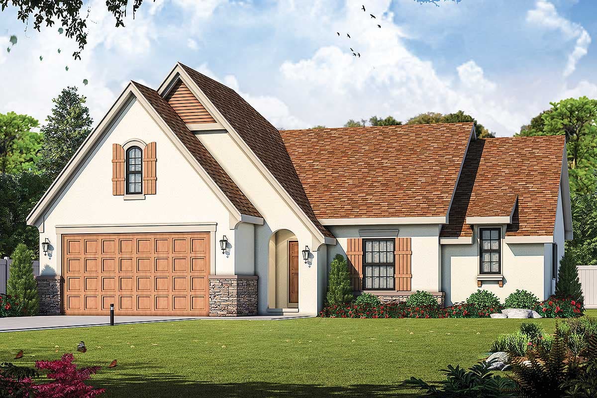 House plan exterior: Traditional style home with a two-car garage, arched entryway, and prominent gables.