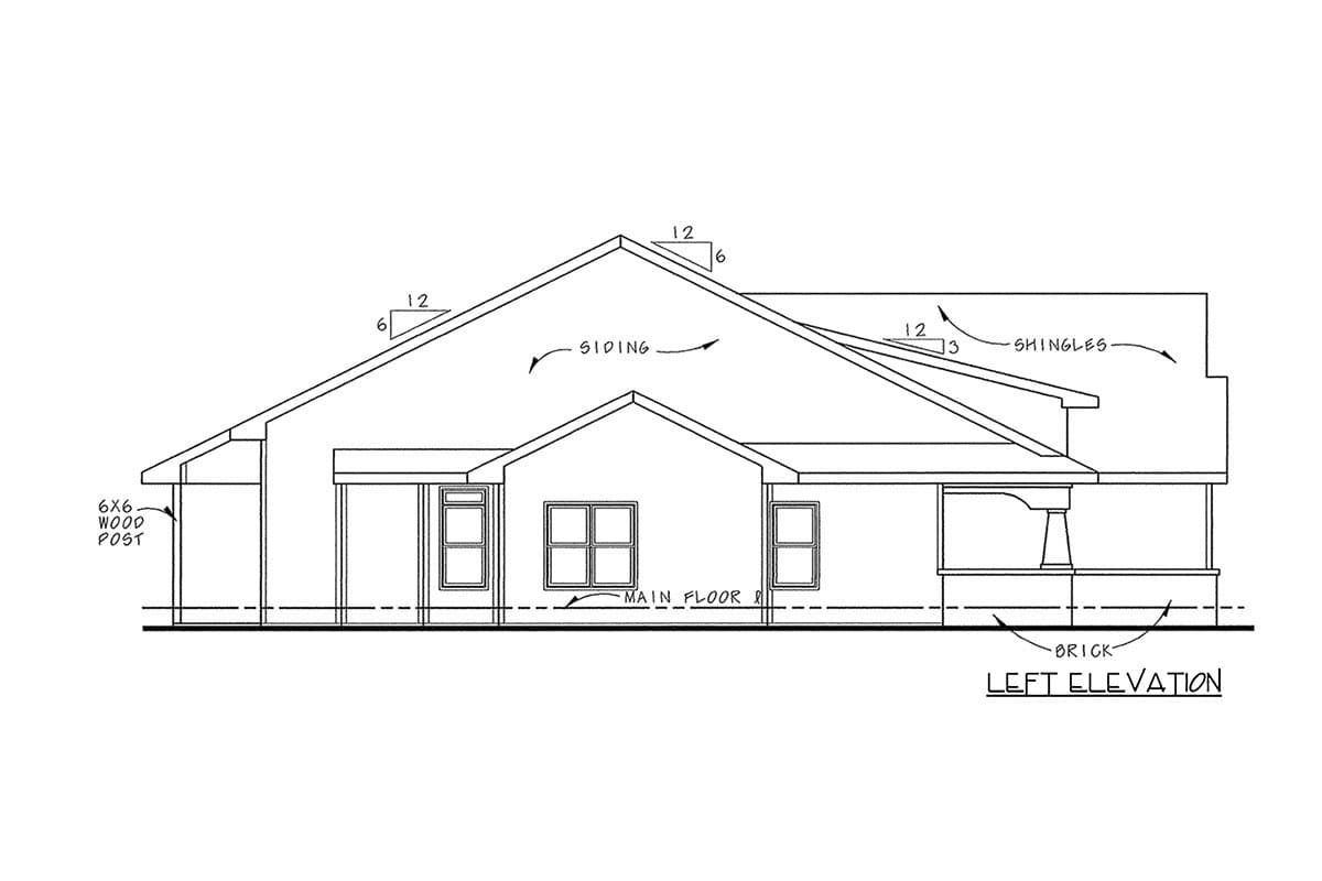 Left elevation house plan drawing showing siding, brick base, covered porch, and 6x6 wood posts.