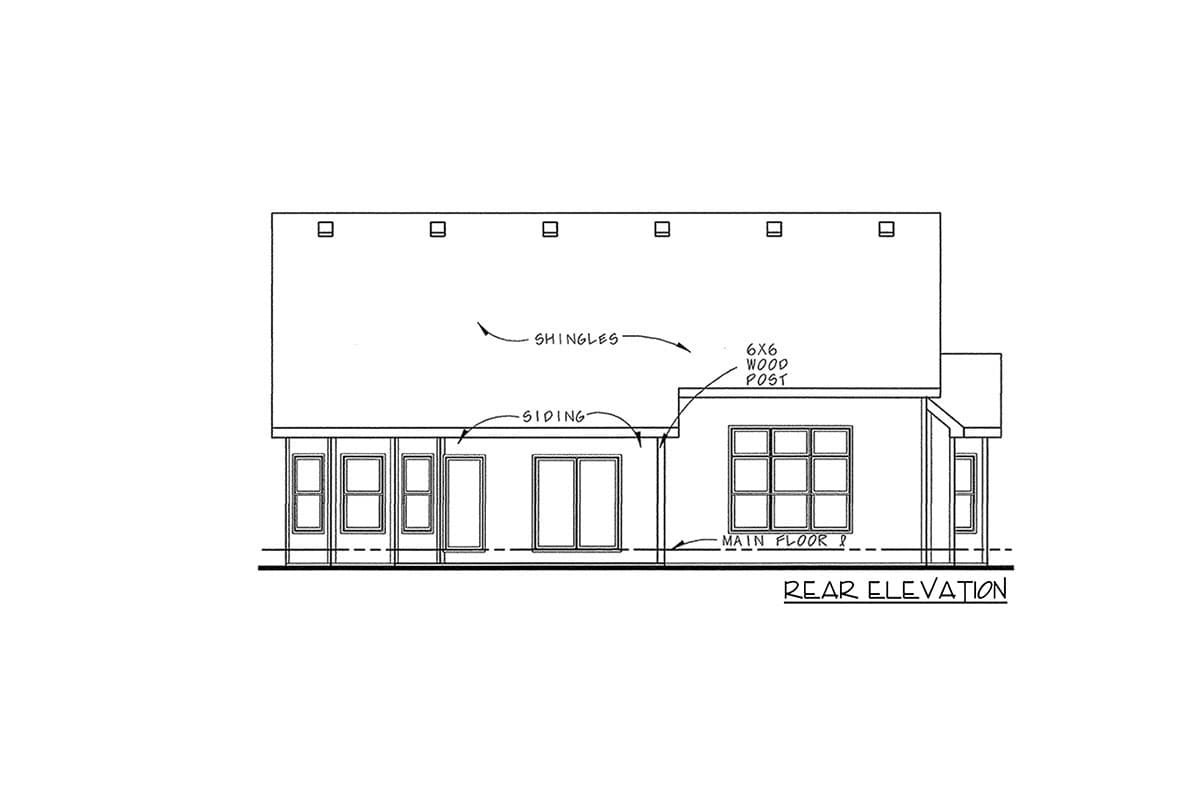 Rear elevation drawing of a house plan showing siding, windows, and roof shingles.