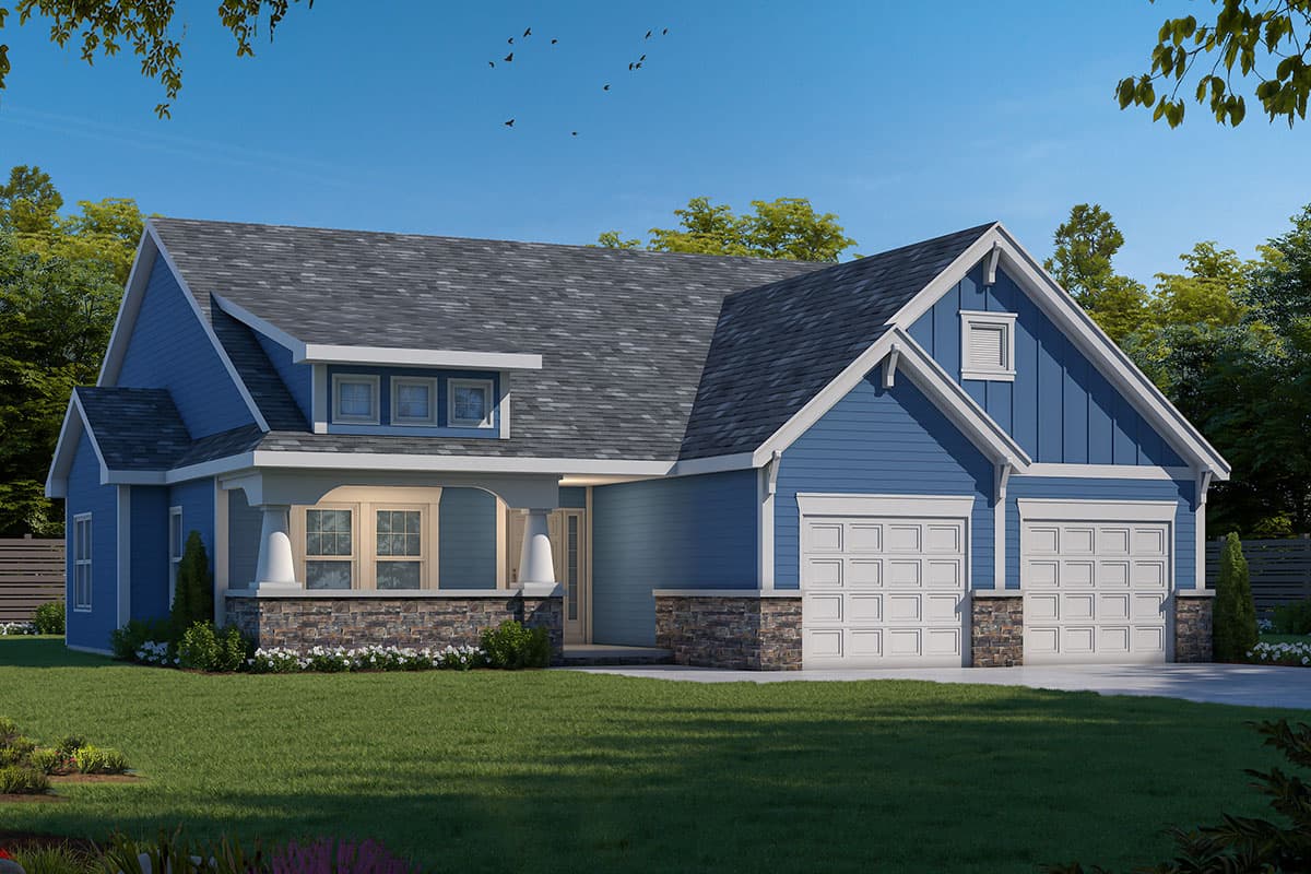 House plan exterior: Blue Modern Farmhouse with stone accents, covered porch with columns, dormers, and a three-car garage.