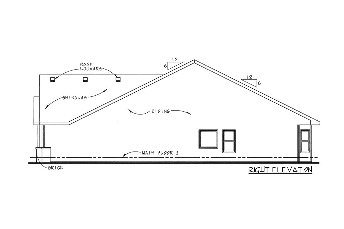 Right elevation drawing of a house plan showing brick foundation, siding, roof louvers, shingles, and windows.