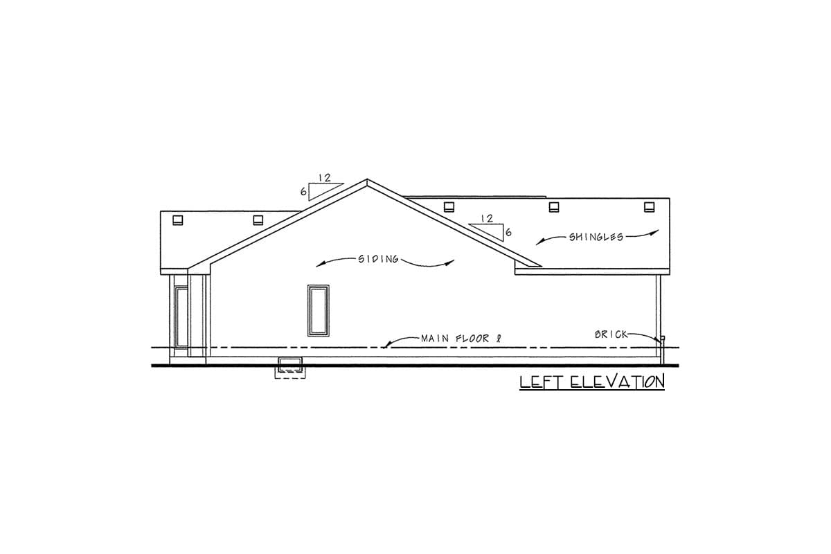 Left elevation house plan drawing showing siding, shingles, brick base, and roof pitch.