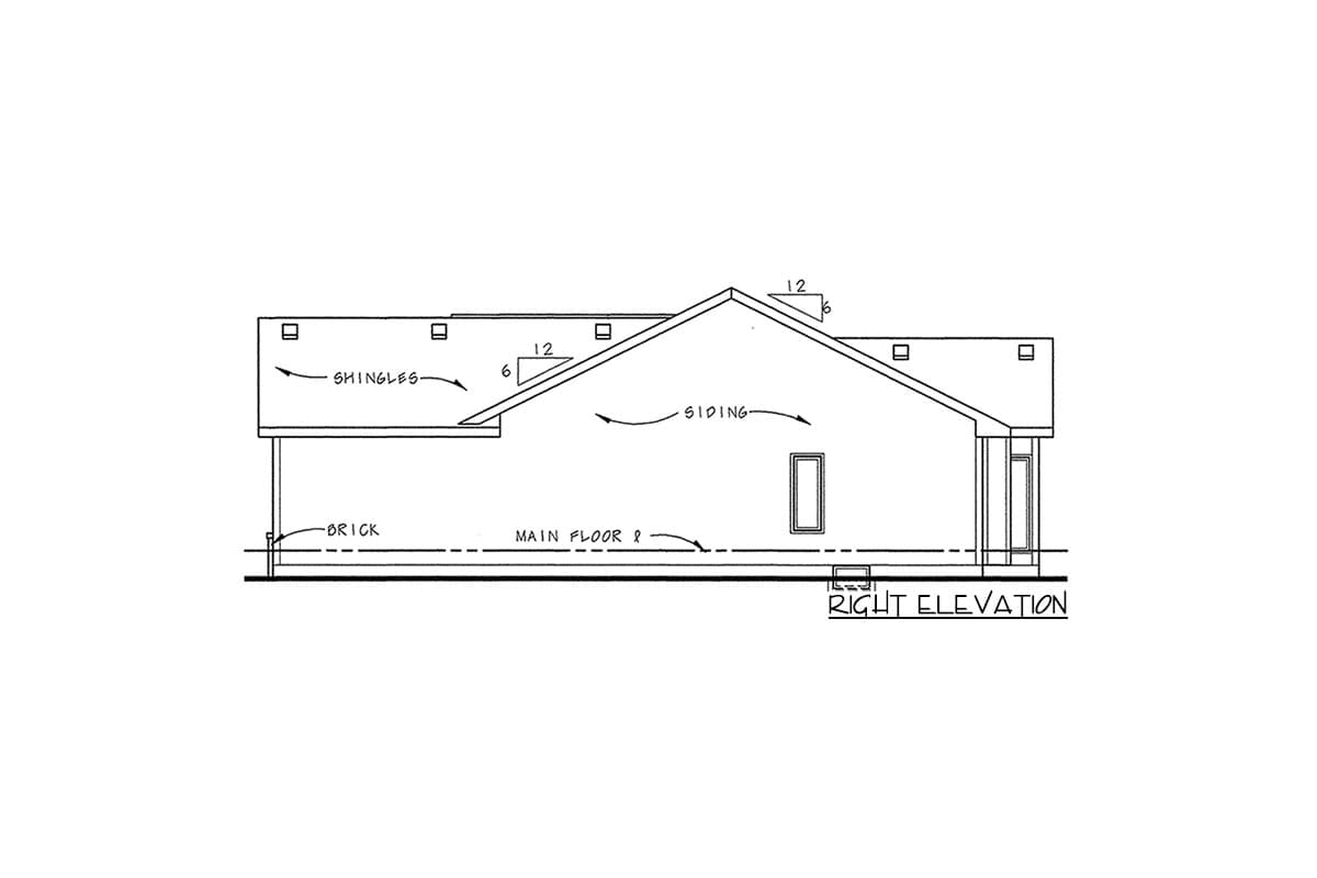 Right elevation drawing of a house plan with brick base, siding walls, and shingle roof.
