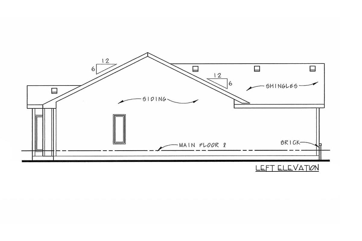 Left elevation drawing of a house plan, showing siding, shingles, brick base, and a covered entry with columns.