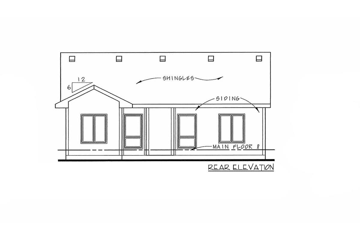 Rear elevation drawing of a house plan with gable roof, siding, and three windows.