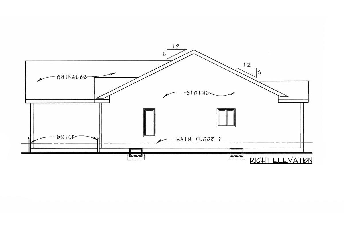 Right elevation drawing of a house plan with brick foundation, siding walls, shingle roof, and covered porch.