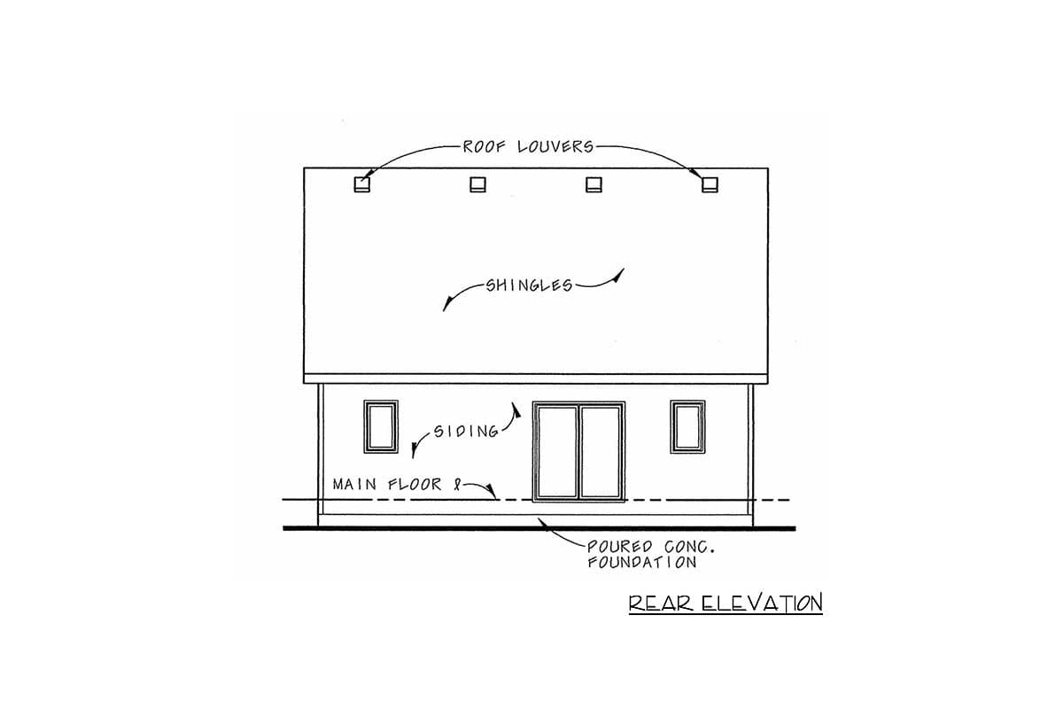 Rear elevation drawing of a house plan with siding, double doors, two windows, roof louvers, and poured concrete foundation.