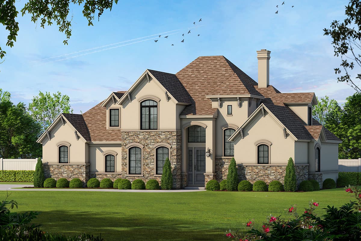House plan exterior. Two-story stucco-clad home with stone veneer. Features include arched windows, multiple gables, and a prominent chimney.