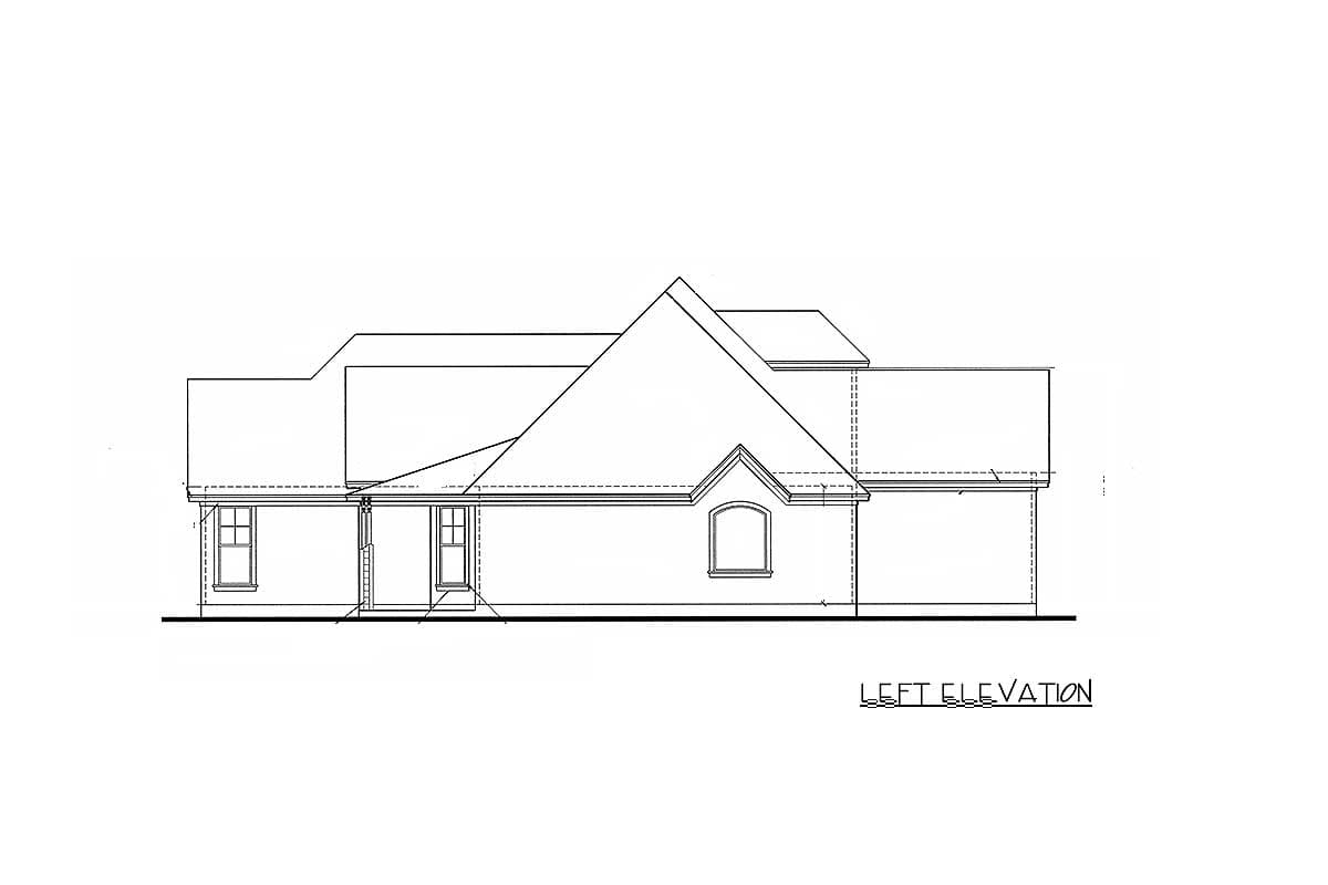 Left elevation drawing of a single-story house plan featuring a covered entry porch, gabled rooflines, and a dormer.