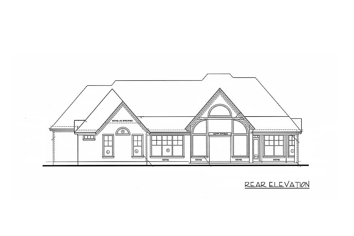Rear elevation drawing of a single-story house plan with gables, varied window styles including arched windows, and a hip roofline.