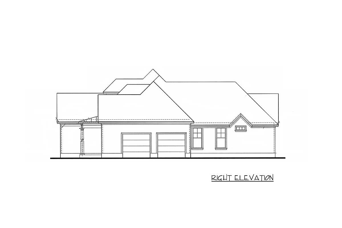 Right elevation of a house plan showing a covered entry, a three-car garage, and varied rooflines.