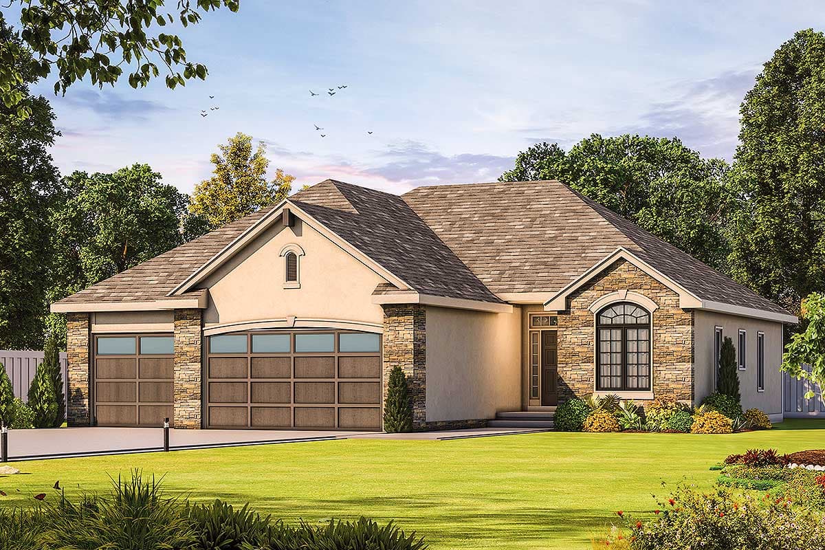 House plan exterior: Single-story home with stone accents, a prominent gable, arched window, and a three-car garage.