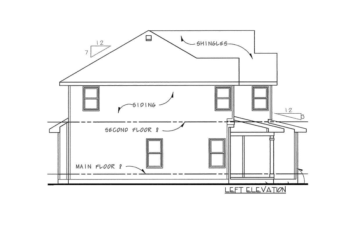 House plan left elevation drawing showing two stories, siding, shingles, and a covered porch.