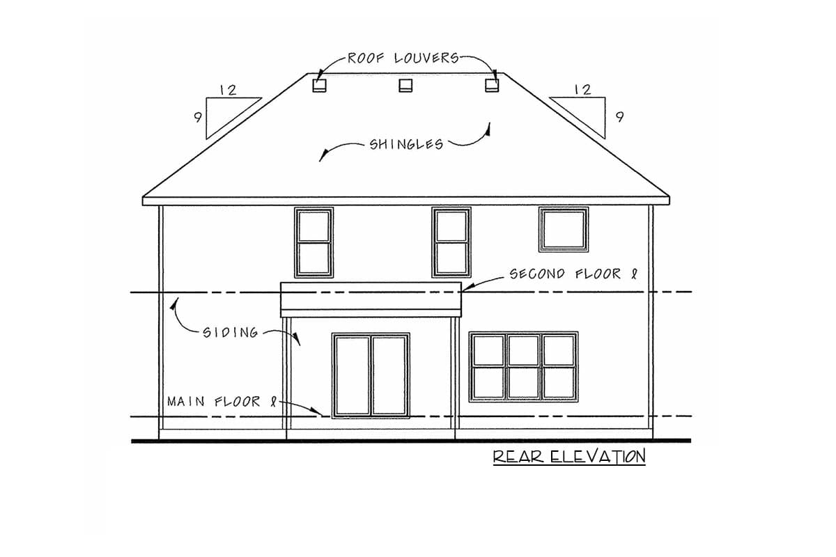 Rear elevation drawing of a two-story house with siding, roof louvers, shingles, and multiple windows.