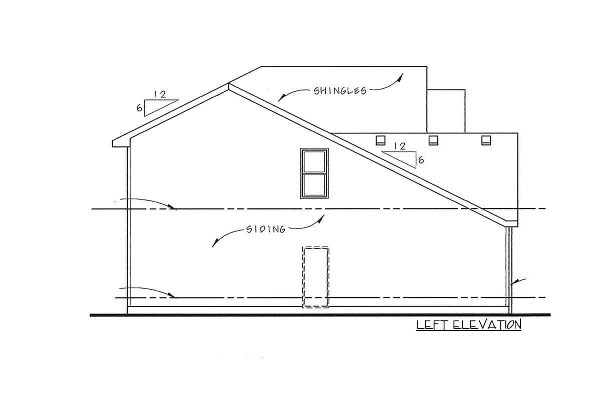 Left elevation house plan showing siding, shingles, a window, and roof pitch indications.