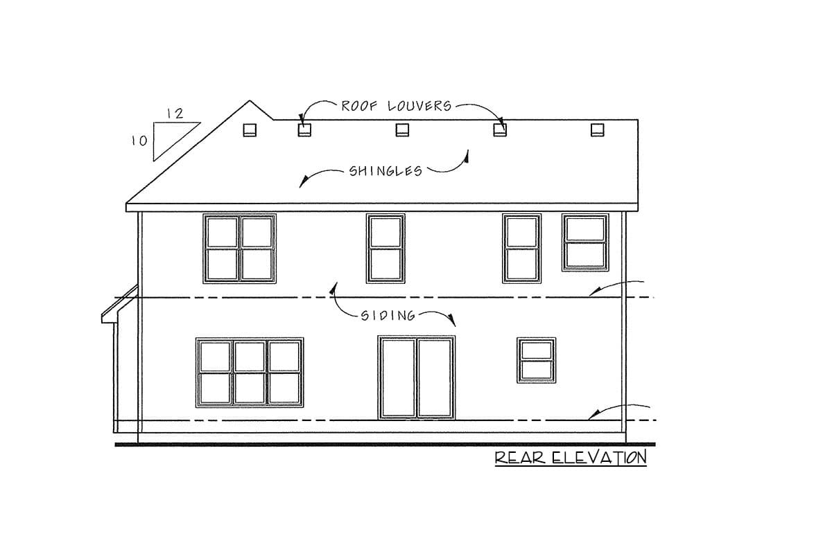 Rear elevation drawing of a two-story house plan, showing gabled roof with louvers, siding, and various window configurations.