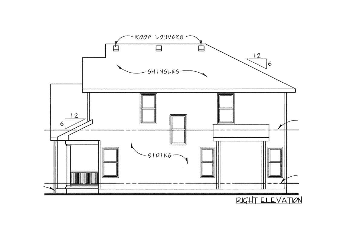 Right elevation house plan showing two stories, siding, roof louvers, shingles, and a covered porch with railing.