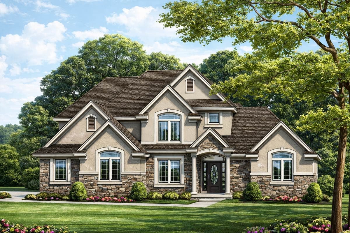 House plan exterior: Two-story home with stone base, multiple gables, arched windows, and covered entry with columns.