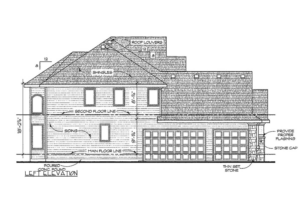 Left elevation house plan showing two stories, siding, arched window, multiple rooflines, and a three-car garage with stone accents.