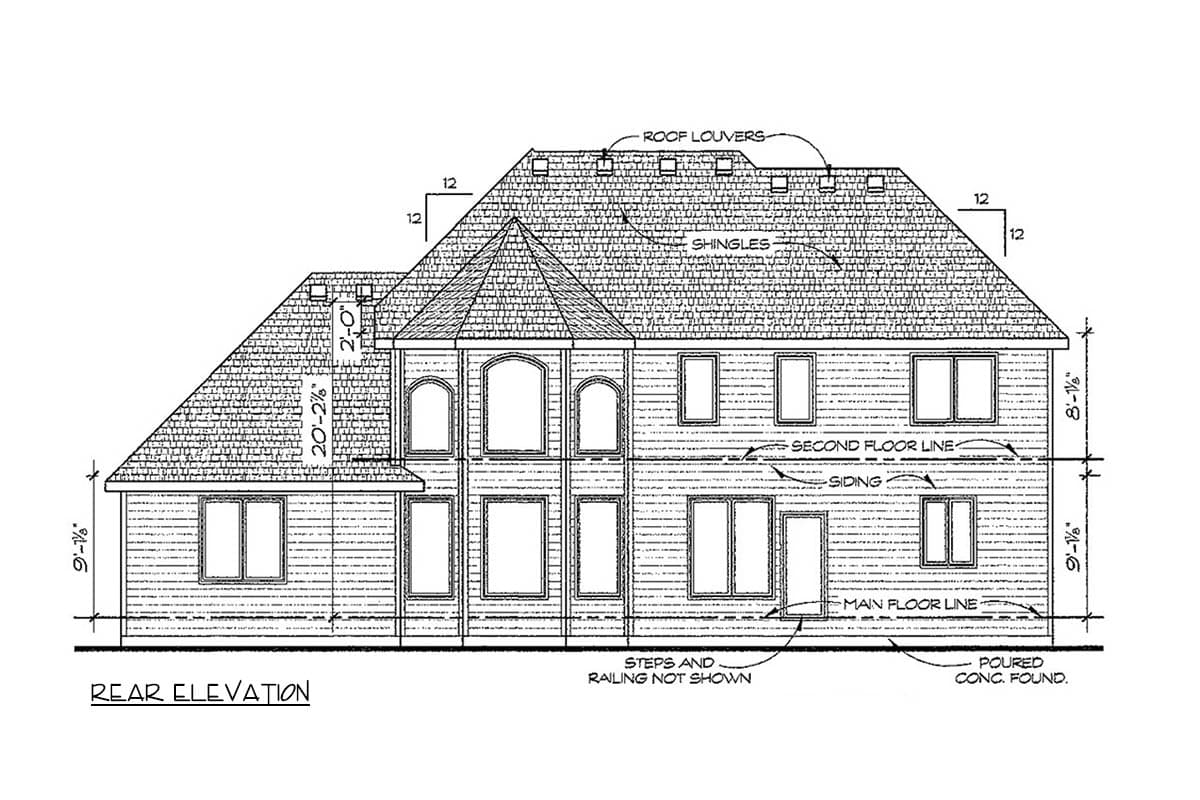 Rear elevation house plan drawing showing two stories, siding, multiple windows, and a shingled roof with louvers.
