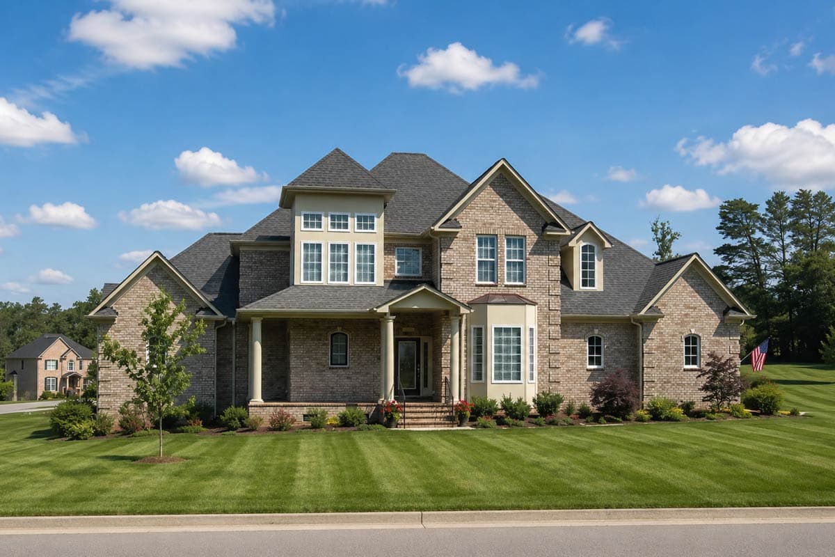 House plan exterior of a two-story brick home with a covered entry porch, multiple gables, and a bay window.