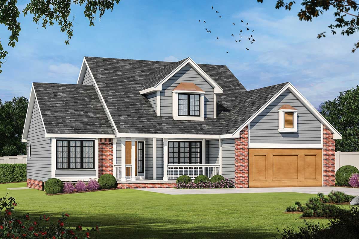 House plan exterior: Two-story Modern Farmhouse with gables, dormers, partial brick facade, and side-entry garage.