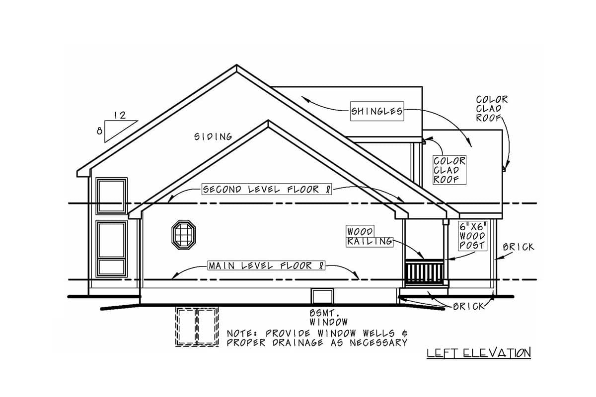 Left elevation house plan with siding, shingles, color clad roof, wood railing, brick base, and basement window.