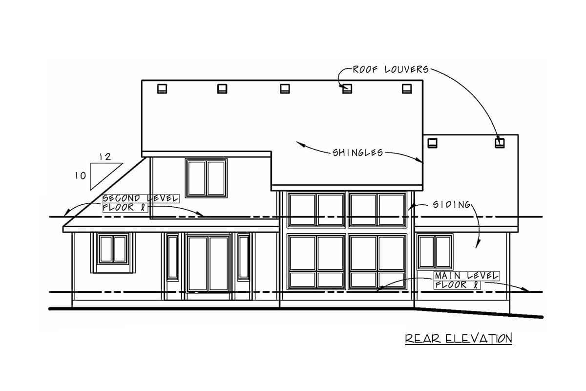Rear elevation house plan showing siding, shingles, roof louvers, and windows on two levels.