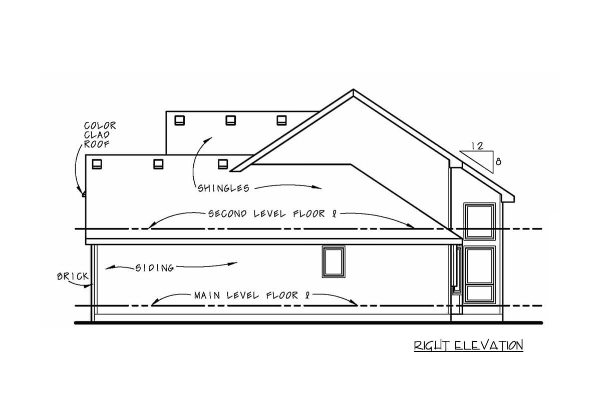 Right elevation drawing shows a two-story house plan with brick and siding, and a color clad roof.