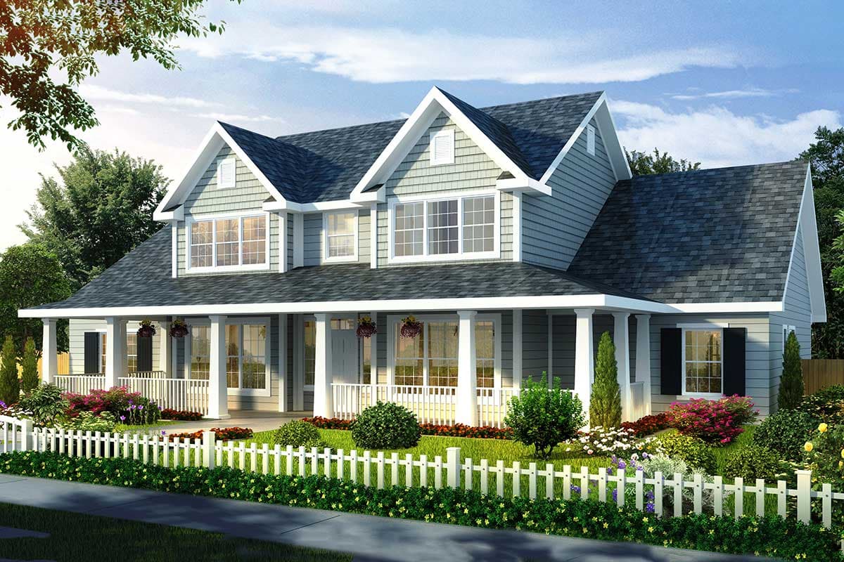 Two-story house plan exterior with wrap-around porch, prominent gables, and dormer windows.